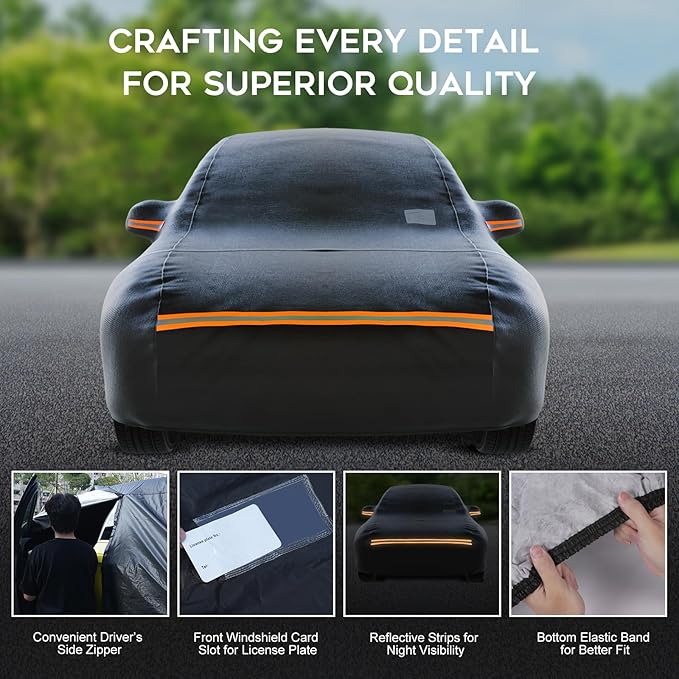 Sedan Car Cover Waterproof All Weather for Automobiles，Outdoor Heavy Duty Full Exterior Covers with Zipper Door, Rain Sun Snow Dust UV Protection, Windproof Straps & Reflective Strips(Up to 169")