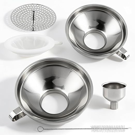 6Pcs Stainless Steel Canning Funnels Set, Wide Mouth Food Canning Funnels for Regular Mason Jar, Kitchen Large Cannin-g Supplies Kit for Filling Bottle(Color:Silver)