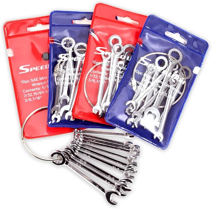 SPEEDWOX Small Wrench Set, 4mm-11mm, 5/32-7/16 Inch, Angled Box End, High Carbon Steel, 2 Mini Wrenches, 2 Metric Wrenches, Storage Pouches