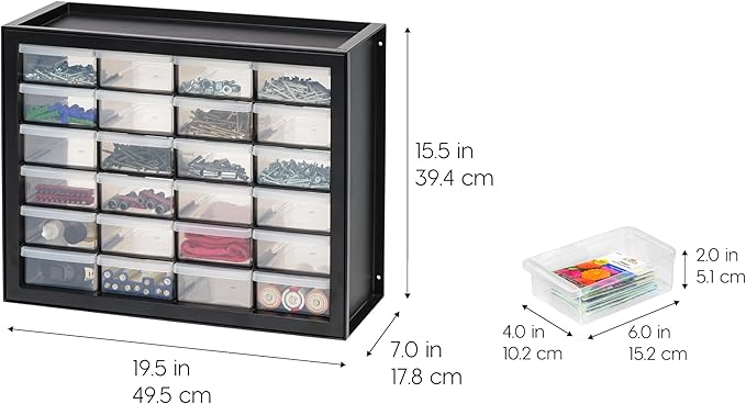 IRIS USA Plastic Storage Drawers, Made in USA, 24-Drawer Small Parts Organizer, Stackable Teacher Toolbox for Hardware, Screws, Nuts & Bolts, Stickers, Beads, Building Bricks, Garage Storage – Black
