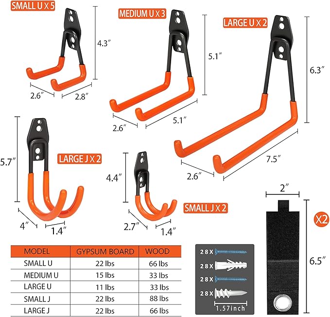 KOFANI Heavy Duty Steel Hooks, 16 Pack with Anti-Slip Coating - Utility Wall Mount Garage Storage for Hanging Bike, Ladder and Garden Tools