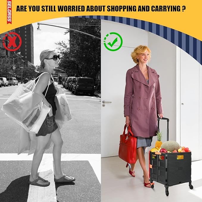 SELORSS Foldable Utility Cart Rolling Crate Handcart 110lbs Large Capacity Shopping Cart with 360°Rotate Noiseless Wheels & Telescoping Handle for Transports Groceries Office School Use（Red）
