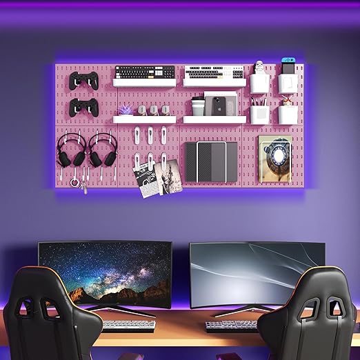 Pegboard Combination Kit, 8 Peg Boards and 30 Accessories Modular Hanging Black Pegboard for Walls, Office Wall Organizer, Keys Holder on Wall, Nursery Storage, 44"x22" Pink