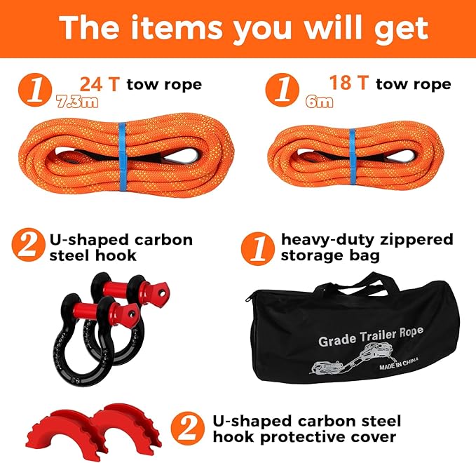 Longzhuo Kinetic Recovery Rope 48000lbs, 1" x 24ft Tow Rope with D Metal Ring Shackles, Heavy Duty Offroad Towing Straps Kit, 30+% Elasticity Tow Ropes for Trucks SUV UTV ATV Tractor Car Jeep,2 Gloves
