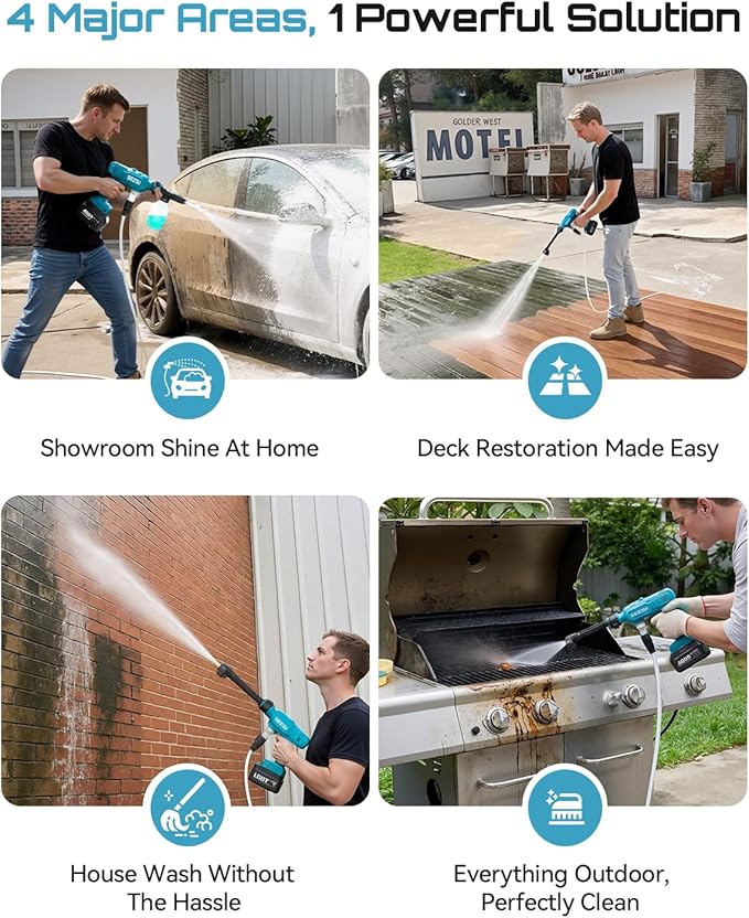 SEESII Cordless Pressure Washer Battery Powered, Dual 4000mAh Batteries Portable Power Washer with 6-in-1 Nozzle & Foam Cannon for Car, Home, Garden, Patio and Fence Cleaning