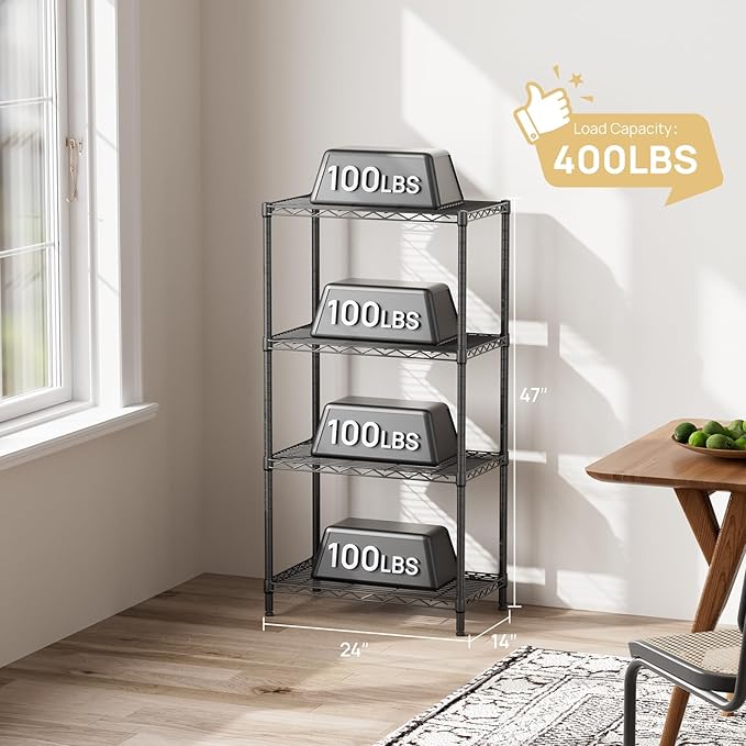 SINGAYE 4 Tier Storage Rack Wire Shelving Unit Shelves Metal for Pantry Closet Shelve Organization Kitchen Laundryroom 800Lbs Capacity 24" D x 14" W x 48" H Black