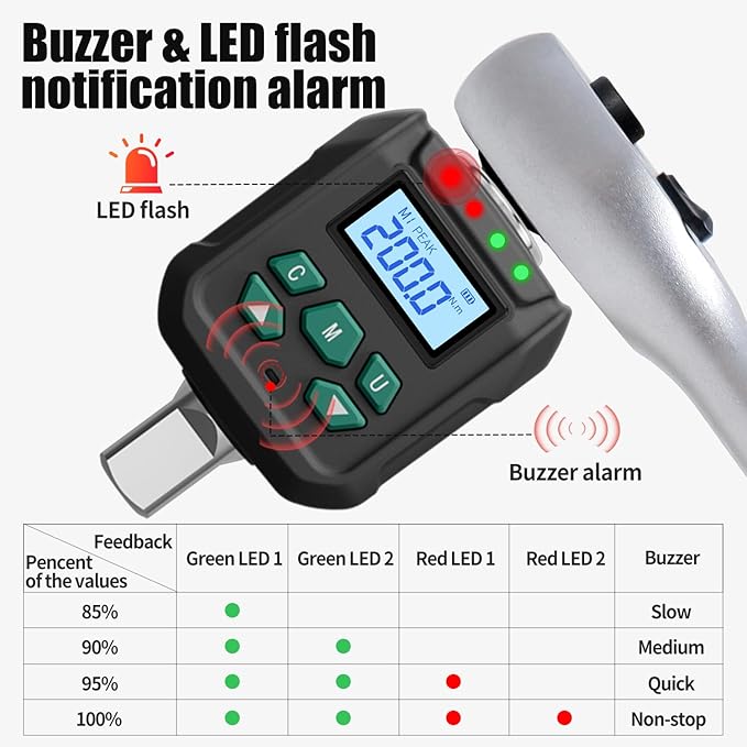 1/2" Digital Torque Adapter Set with Socket Adapters (1/4", 3/8") - 2% Accuracy, 7.4-147.5 ft-lb, Buzzer & LED Alerts, Working with Ratchet Wrench, Breaker Bar - for Automotive, Motorcycle & Car