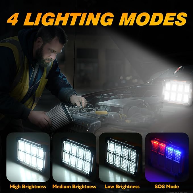 2 Pack 120W Solar Rechargeable Work Light, 144 LED 10000LM Led Work Light with 4 Modes, Portable Flood Light with Stand, IP66 Waterproof Outdoor Working Light for Emergency Mechanic Camping Repair