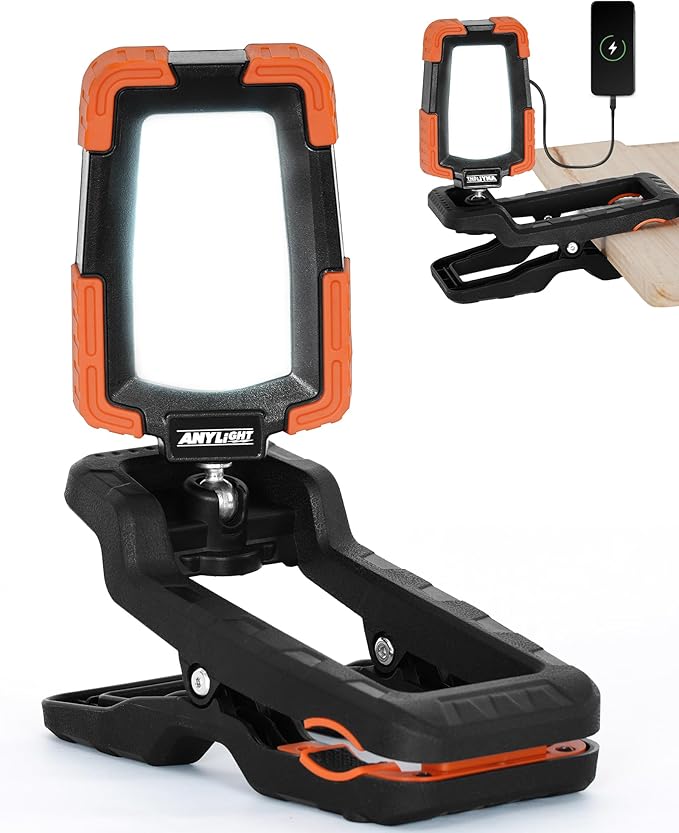 LED Rechargeable Work Light with Clamp,1600LM Magnetic Clip Work Lights with 3 Light Modes, 360° ＆ 115° Rotate Portable Clamp Work Light, IP65 Waterproof for Car Repairing, Job Site, Workshop
