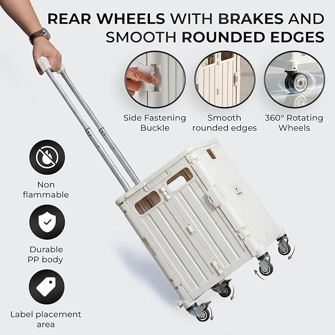 Rolling Cart for Teachers – Collapsible Cart with Wheels, Foldable Utility and Grocery Cart on Wheels for Classroom, Office, Travel, Tool Box, and Move Luggage (White)