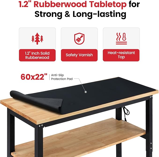 ENJOYWOOD 60" x 22" Adjustable Height Workbench with Under Table Shelf Heavy Duty Rubberwood Top Work Table for Garage, Workshop, Office & Home
