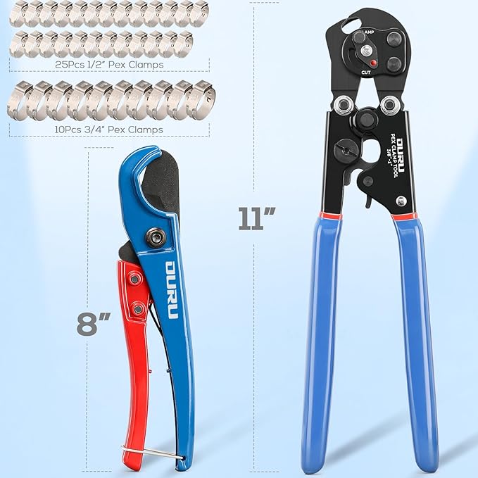 2 IN 1 Ratchet Pex Crimping Tool Cinch and Remove Combo Function Pex Pipe Crimp Tool from 3/8" to 1" Pex Crimper with Pex Cutter and Stainless Steel Pex Clamps 1/2" 25PCS,3/4" 10PCS