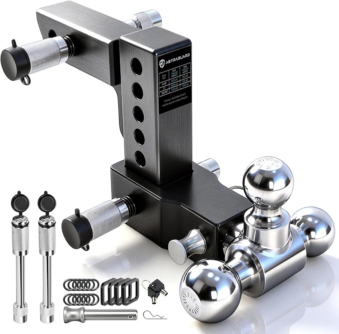 Adjustable Trailer Hitch Fit 2 Inch Receiver, Tri-Ball (1-7/8", 2", 2-5/16") Heavy Duty Aluminum Tow Hitches with 6 Inch Rise/Drop for Truck (12500 LBS GTW)-Weatherproof & Anti-Theft