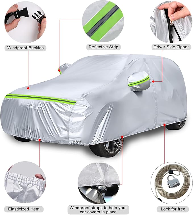 Waterproof Car Covers Replace for 2021-2025 Ford Bronco 2 Door, 6 Layers Silver All Weather Car Cover with Zipper Door & Windproof Bands for Snow Rain Dust Hail Protection