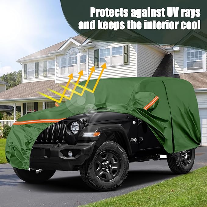 Waterproof Car Covers Replace for 2007-2025 Jeep Wrangler 2 Door, Multilayer Heavy Duty with Cotton Liner All Weather Car Cover with Zipper Door, Windproof Bands for Snow Rain Dust Protection
