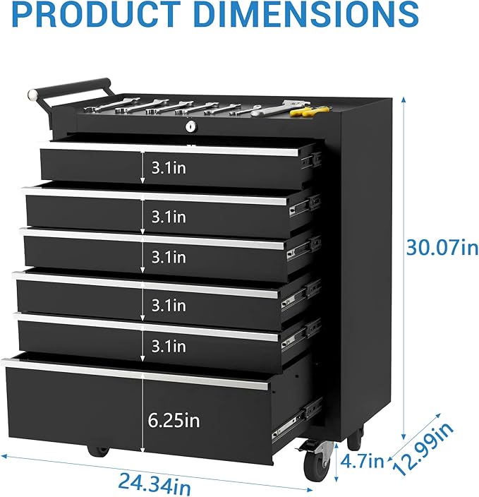 GarveeLife 6-Drawer Tool Box 24" Garage Tool Box with Key Lock and Removable Drawer Liners, Wheeled Design, Suitable for Garages, Warehouses, Workshops, and Repair Shops - Black