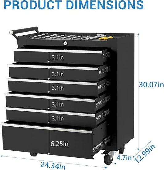 GarveeLife 6-Drawer Tool Box 24" Garage Tool Box with Key Lock and Removable Drawer Liners, Wheeled Design, Suitable for Garages, Warehouses, Workshops, and Repair Shops - Black