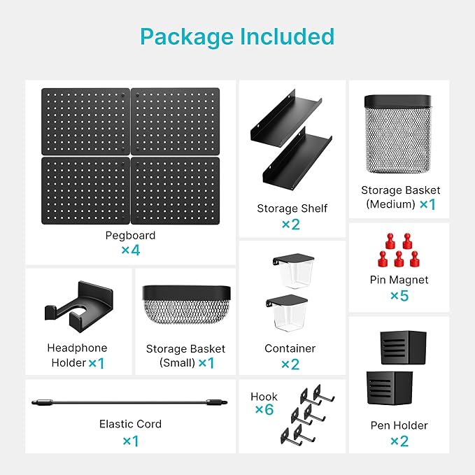 PEGZONE Pegboard Wall Organizer Combination Kit,Overall 33.1"x25.4" Metal Office Pegboard with 21 Accessories, Wall Mounted Peg board Display Panels for Home, Gaming Room, Garage (4Pcs,Black)