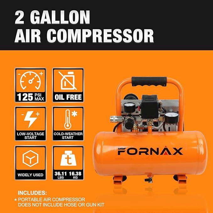 FORNAX Air Compressor, 2 Gallon Oil-Free Portable Compressor, 120V 1HP, 2.2 CFM @ 90 PSI, Max 125 PSI, 65dB Ultra Quiet Portable Compressor for Tire Inflation, Auto Repair, Spray Painting
