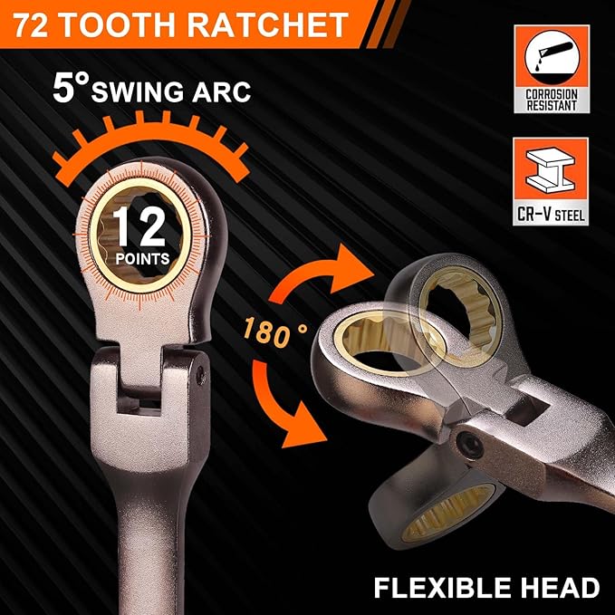 Qnkaa 12pcs Flexible Ratchet Wrenches Set SAE 1/4” to 7/8“ Inch Standard Spanners Gear Ring Ratcheting Combination Flex-Head Wrenches Kit with Portable Organizer Rack