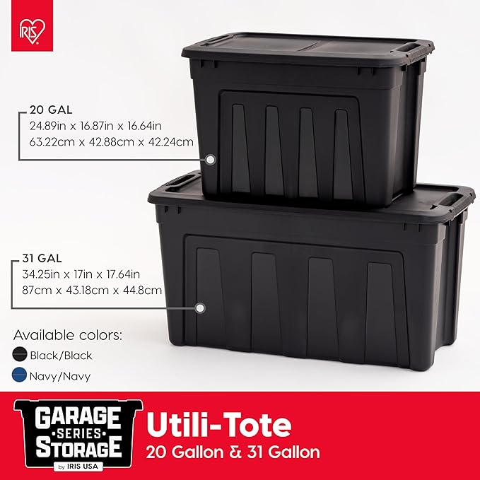 IRIS USA 20 Gallon Heavy Duty Storage Totes with Easy-Grip Handles, 4 Pack - Large Bins with Lids Garage Organizing Tubs, Durable Stackable Utility Containers, Made in USA - Black