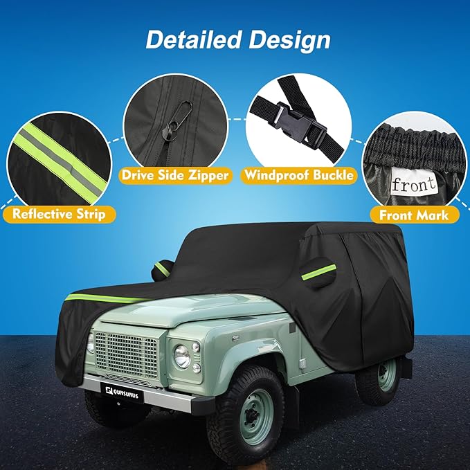 QUNSUNUS Car Cover for Land Rover Defender 90 1984-2016, Waterproof YJ/TJ 2 Door Car Covers with Cotton Lining, All Weather Cover with Straps and Zipper for Wind, Sun and Dust Protection