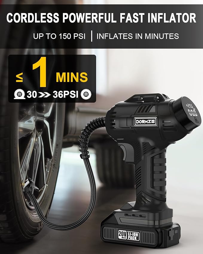 Tire Inflator Portable Air Compressor, 150 PSI Handheld Air Pump for Car Tires with 20V Rechargeable Battery, 12V Car Power Adapter, Digital Display, Ball, Motorcycle, Bike Pump