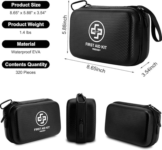VRIEXSD Premium First Aid Kit, 320 Piece Waterproof Hard Shell Eva First Aid Kit for Home, Camping, Cars, Hiking, Travel, Businesses & Outdoor Emergencies - Emergency Medical Kits (Black)