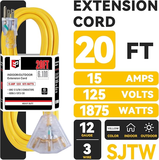 EP 20 Ft 12 Gauge Heavy Duty Extension Cord, 15A 125V 1875W, 3 Outlet Indoor/Outdoor Power Cord with Lighted End, 12/3 SJTW Weatherproof Yellow