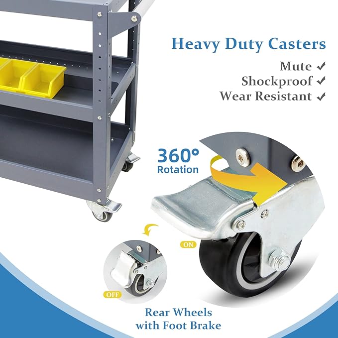 3 Tier Rolling Tool Cart, 500 lbs Capacity, 31.5"x29"x15", Mechanics Cart with 4 Dividers, Mesh Panel & Screwdriver Shelf