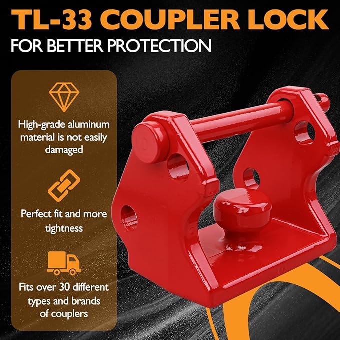 HQPASFY Trailer Hitch Lock, Trailer Coupler Lock with Pin, Coupler Lock Model Tl-33 Trailer Lock,Fits Over 2" to 2-5/16" Couplers - Red