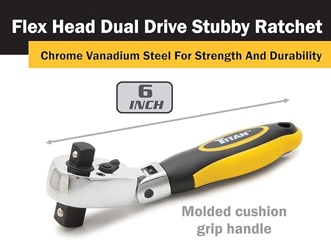 Titan 12351 3/8-Inch and 1/2-Inch Drive x 6-Inch 72-Tooth Flex Head Dual Head Stubby Ratchet