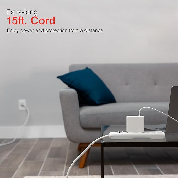 GE Surge Protector Power Strip, 15 Ft Extension Cord, 6 Outlet Extender, 800 Joules, Flat Plug, Twist-to-Close Safety Covers, ETL Listed, White, 50768
