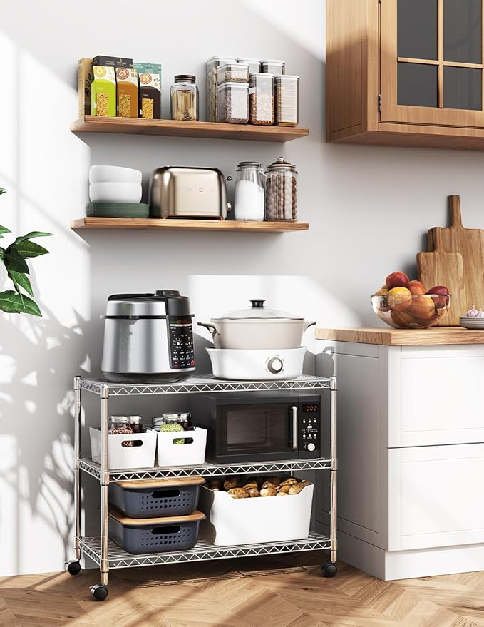 Simple Deluxe Heavy Duty 3-Tier Storage Shelves 750Lb Capacity, 24.02" D x 13.78" W x 29.92" H Adjustable Shelving Unit with Wheels, Chrome