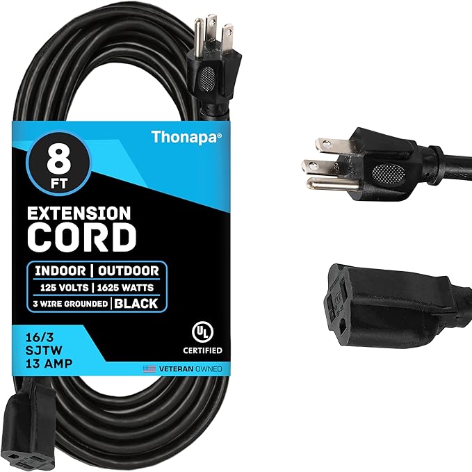 Thonapa 13 Amp Outdoor Extension Cord 8 ft, 16/3 SJTW 8 Foot Black Extension Cord 3 Prong, Weatherproof Exterior Power Cable for Outside Lights & Lawn, UL Certified - US Veteran Owned