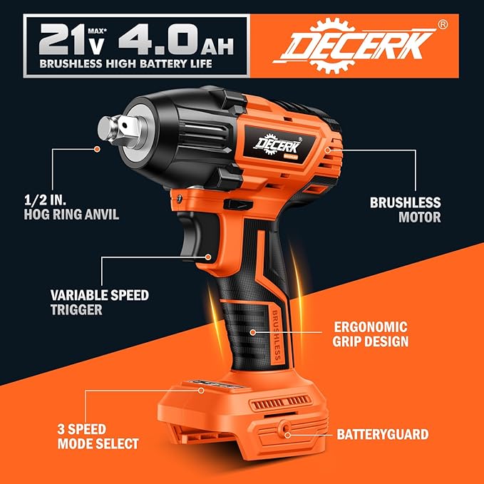 DECERK 400Nm Compact Impact Wrench - Precision Torque for DIY, Bicycle Repair & Furniture Assembly [4000mAh Dual Batteries] [1/2 Inch Driver] [21V MAX] Brushless, Cordless, Electric, Power, Gun