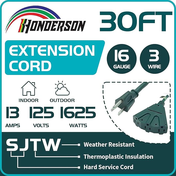 3-Outlets Indoor Outdoor Extension Cord Weatherproof, UL Certified, 16 Gauge 30FT Green 3 Prong Heavy Duty, 16/3 SJTW 13A Power Cord