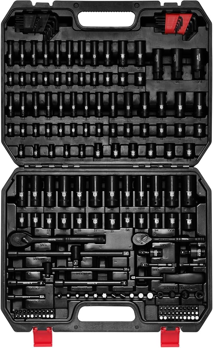 EMENTOL 189-Piece Impact Socket Set, 1/4" & 3/8" Drive Metric and SAE Sizes, CR-V Steel, Includes Deep & Shallow Sockets, Ratchets, Bits, Extensions, Spark Plug Socket & More, with Plastic Tool Case