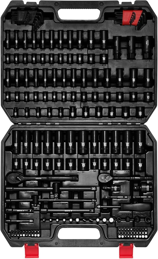 EMENTOL 189-Piece Impact Socket Set, 1/4" & 3/8" Drive Metric and SAE Sizes, CR-V Steel, Includes Deep & Shallow Sockets, Ratchets, Bits, Extensions, Spark Plug Socket & More, with Plastic Tool Case