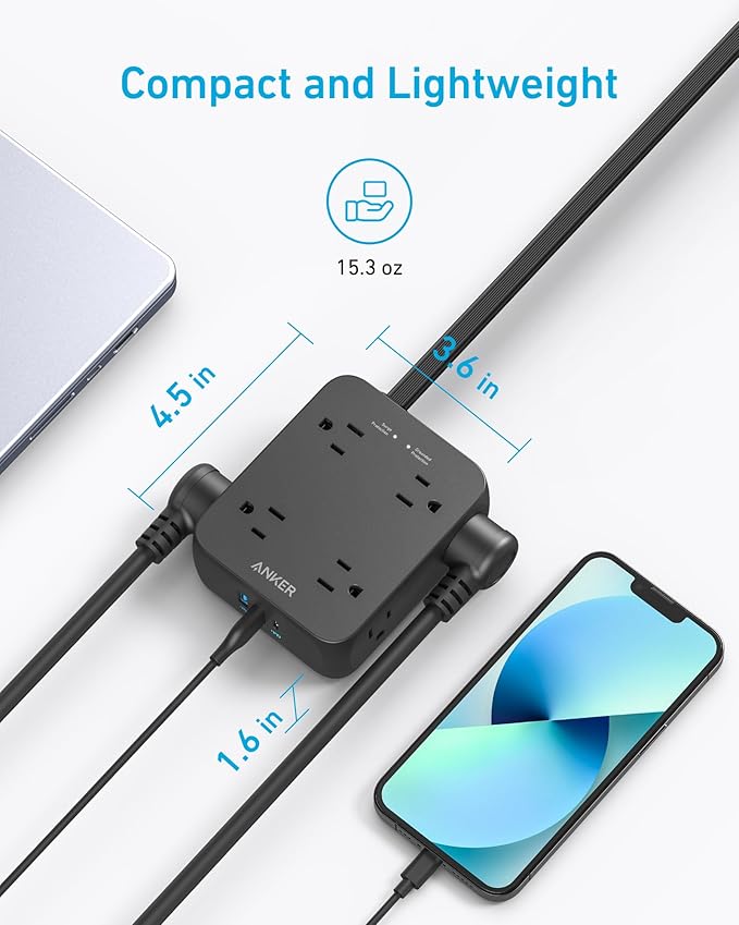 Anker Surge Protector Flat Plug Power Strip 2000J, 10ft Thin Extension Cord, 8 Outlets,2 USB A and 1 USB C Port,20W for iPhone15,Wall Mount,Compact for Home,Office,Room,TUV Listed (Pack of 2)