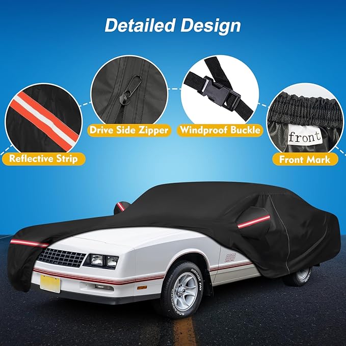 QUNSUNUS Car Cover for Chevy Monte Carlo 1970-1972 and 1978-1988, Waterproof Car Covers with Cotton Lining, All Weather Monte Carlo Cover with Straps and Zipper for Wind, Sun and Dust Protection
