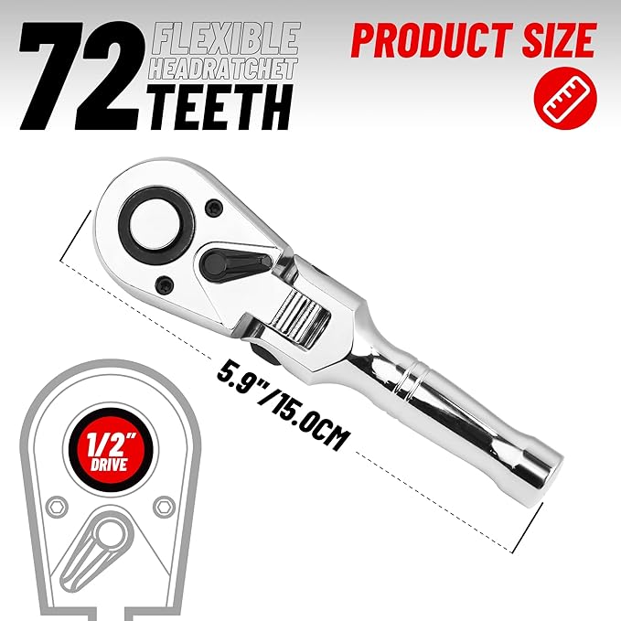 1/2 Inch Drive Stubby Ratchet, Flex Head Ratchet 1/2 Ratchet Ratchet Wrench, Small Socket Wrench, 72 Tooth Quick Release Swivel Head Ratchet Cr-Mo Flexible Ratchet Handle -5.9"/150mm