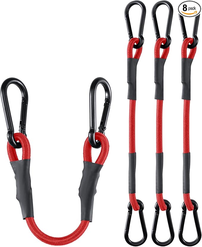 8 Pack 24 Inch Heavy Duty Bungee Cords with Carabiner Hooks, 190 lbs Max Strength Bungee Straps for Cargo, Bike, Cart, Roof Rack, Truck, Tent, Camping, Motorcycle, Outdoor Storage and More, Red