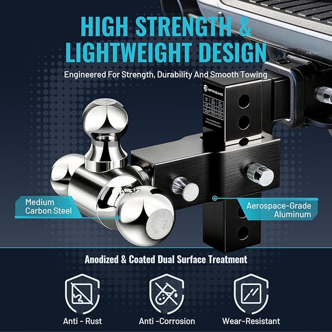 Adjustable Trailer Hitch Fit 2.5 Inch Receiver, Tri-Ball (1-7/8", 2", 2-5/16") Heavy Duty Aluminum Tow Hitches with 6 Inch Rise/Drop for Truck (18500 LBS GTW)-Weatherproof & Anti-Theft