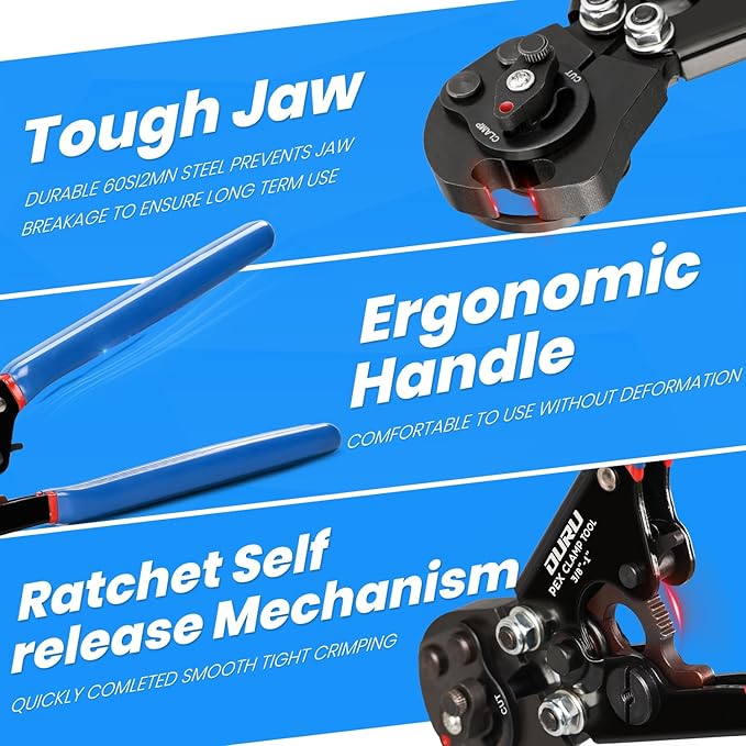 2 IN 1 Ratchet Pex Crimping Tool Cinch and Remove Combo Function Pex Pipe Crimp Tool from 3/8" to 1" Pex Crimper with Pex Cutter and Stainless Steel Pex Clamps 1/2" 25PCS,3/4" 10PCS