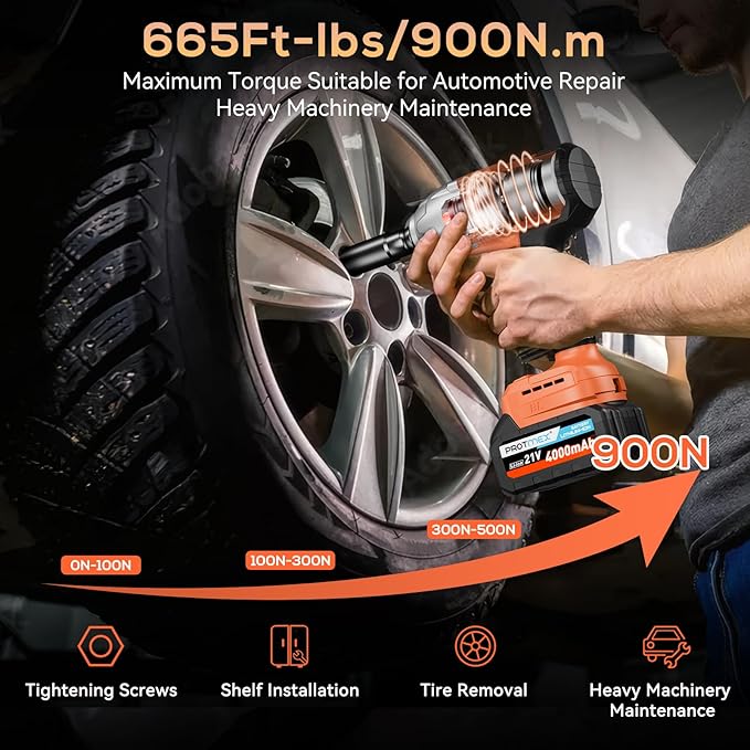 Cordless Impact Wrench, 665Ft-Ibs (900N.m) 1/2" Electric Impact Wrench, 21V Power Impact Drill with 2x 4.0Ah Battery, 6 Sockets, 8 Drill, 6 Screws, Impact Gun Variable Speeds for Car/Truck /Mower