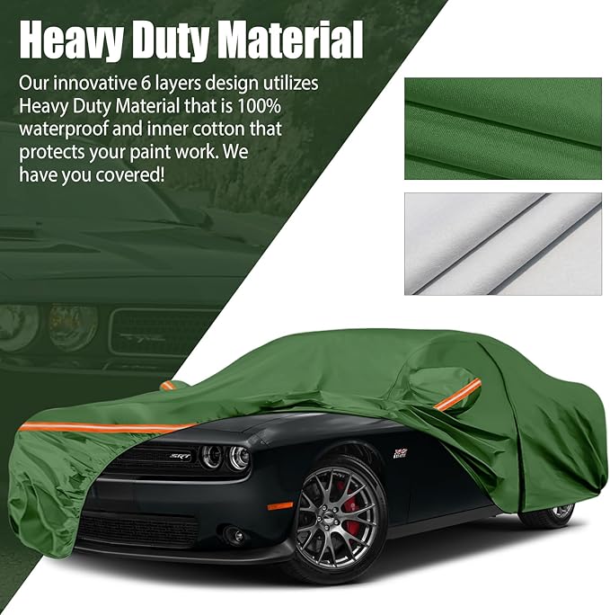 Waterproof Car Covers Replace for 2008-2025 Dodge Challenger, Multilayer Heavy Duty with Cotton Liner All Weather Car Cover with Zipper Door, Windproof Bands for Snow Rain Dust Protection