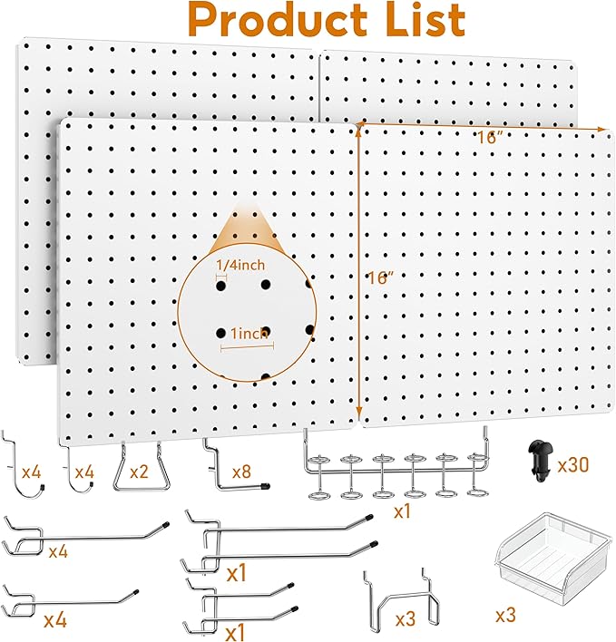Peg Board, Total 32” x 32”, 68PCS Heavy Duty Metal Pegboard with Hooks, 4 Pack White Peg Board Panels, 50lbs Load Capacity Each, Pegboard Wall Organizer for Garage, Workshop, Craft Rooms