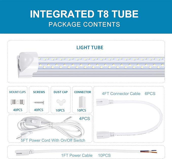 8FT LED Shop Light (10-Pack) - 120W Linkable Fixture, T8 Integrated Tube, V-Shaped 270° Beam - 6000K Daylight, Clear Lens, Plug & Play - Garage, Warehouse, Workshop Lighting