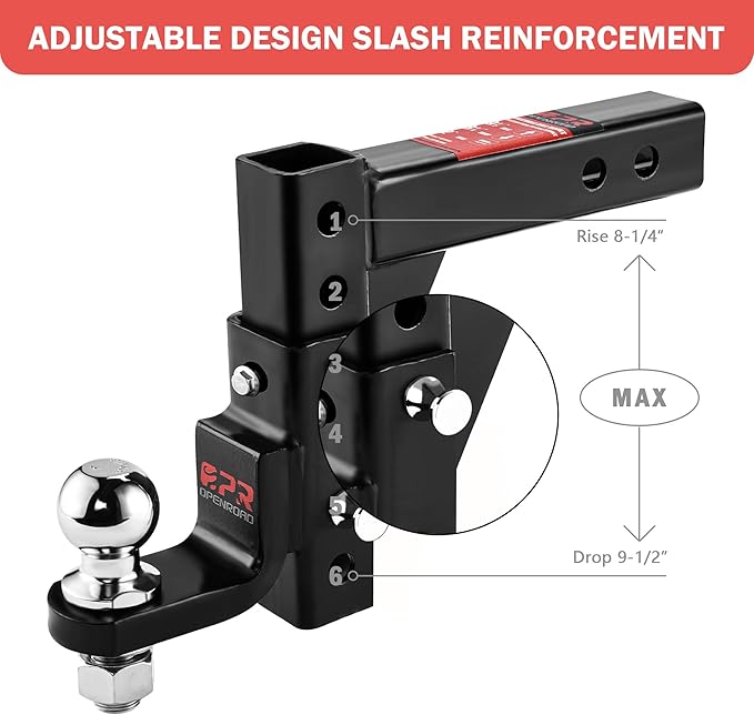 OPENROAD Adjustable Trailer Hitch Ball Mount - Fits 2-Inch Receiver, 2" Tow Balls, 7500lbs, 9-1/2" Drop/ 8-1/4" Rise, Heavy Duty Truck Hitch with Pin Lock